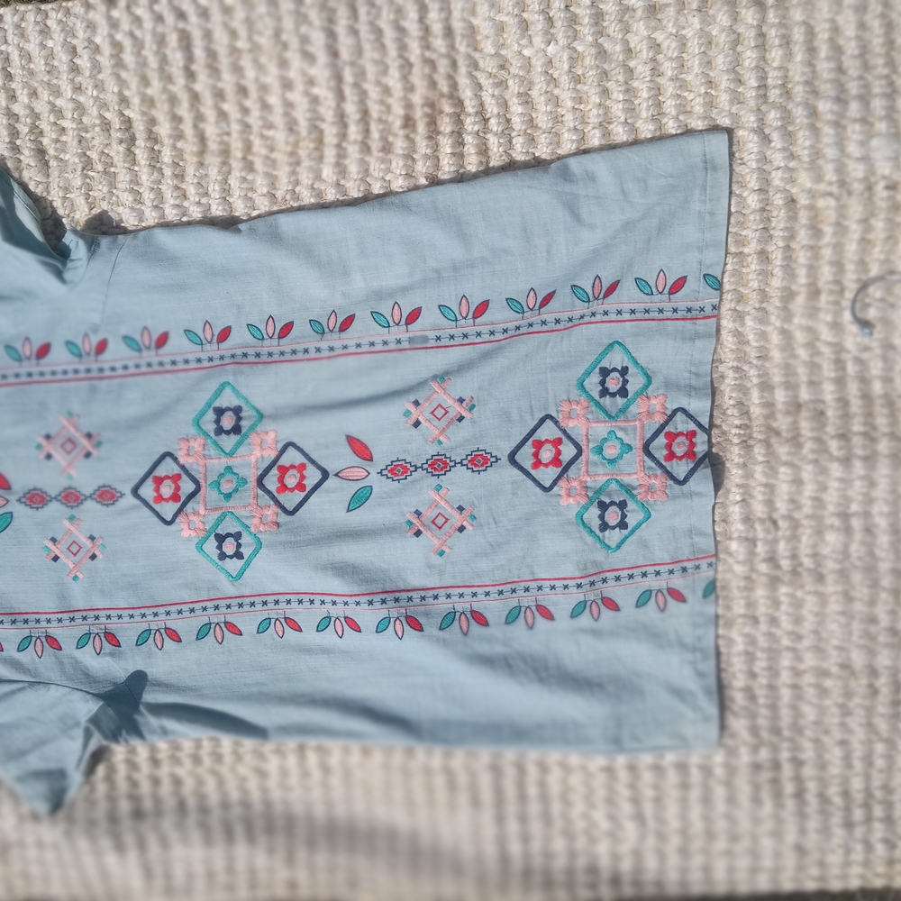 Embroidered Blue Chambray Dress with Geometric Patterns